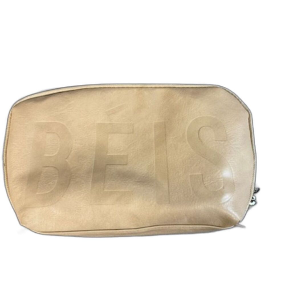 BÉIS Beige Cosmetic Pouch Faux Leather Embossed Logo Travel Makeup Bag